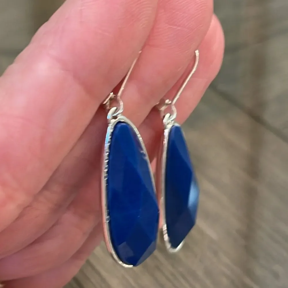 Long Silver-tone Tear Drop Lever Bag Earrings with Blue Faceted Gem